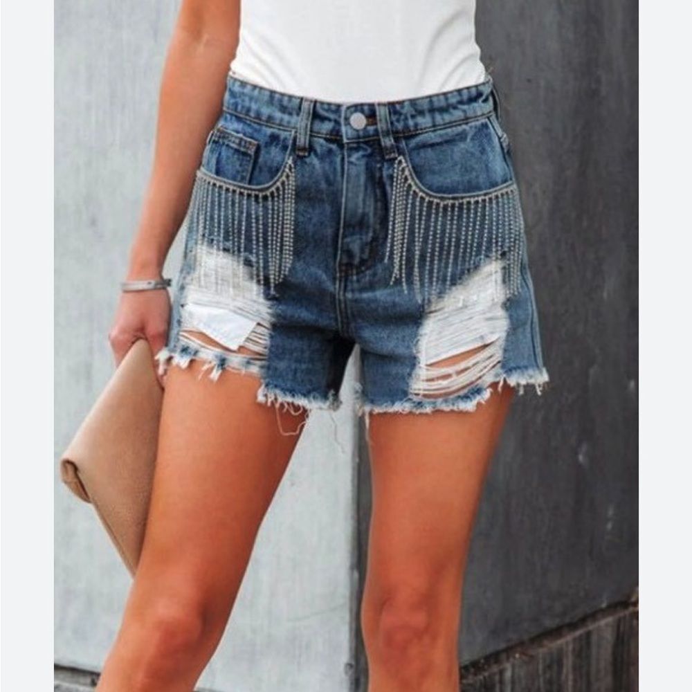 POL denim rhinestone fringe shorts festival cowgirl womens size S